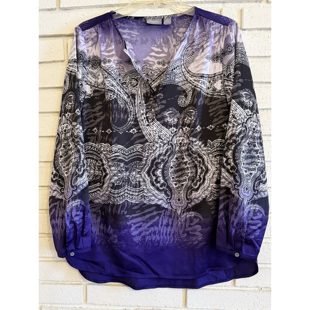 Chicos Travelers 0 Purple & Gray Silky Long Sleeve Top Size Small